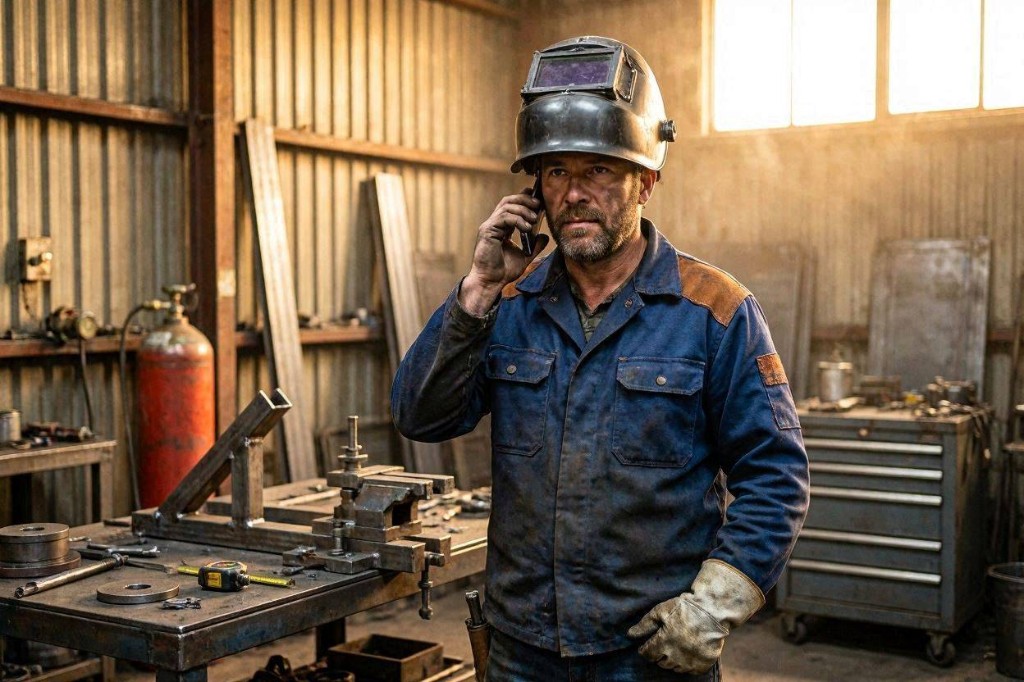 Welder taking a phone call in the shop