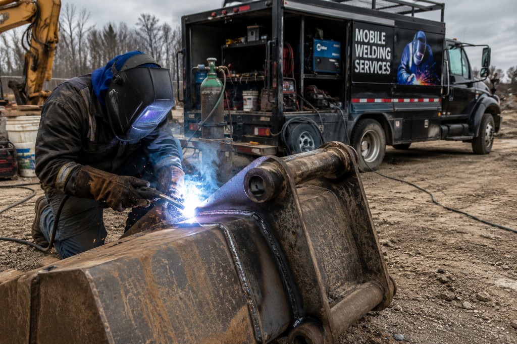Mobile welding rig on a job site with a welder at work