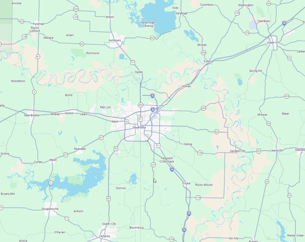 Map of our service area centered on Texarkana, covering a 75-mile radius across the Ark-La-Tex